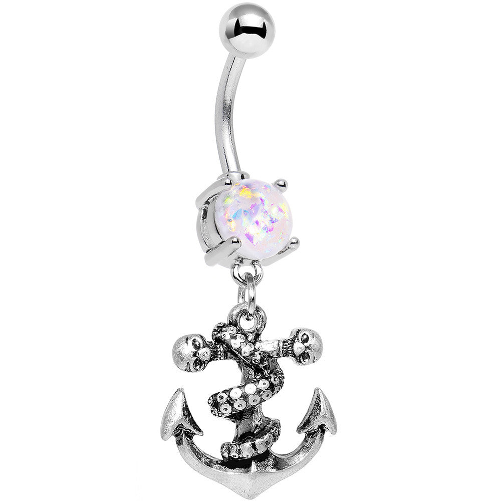 White Faux Opal Pirate Skull Nautical Anchor Dangle Belly Ring