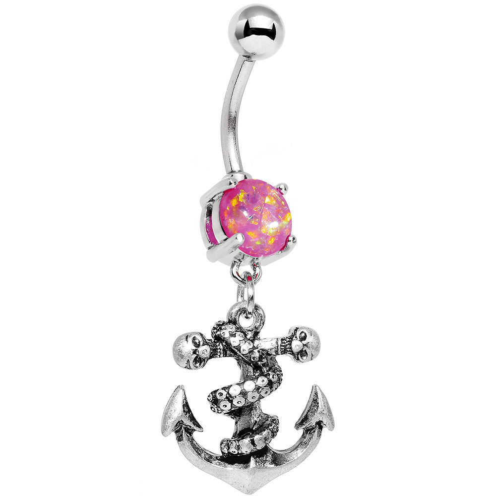 Pink Faux Opal Pirate Skull Nautical Anchor Dangle Belly Ring