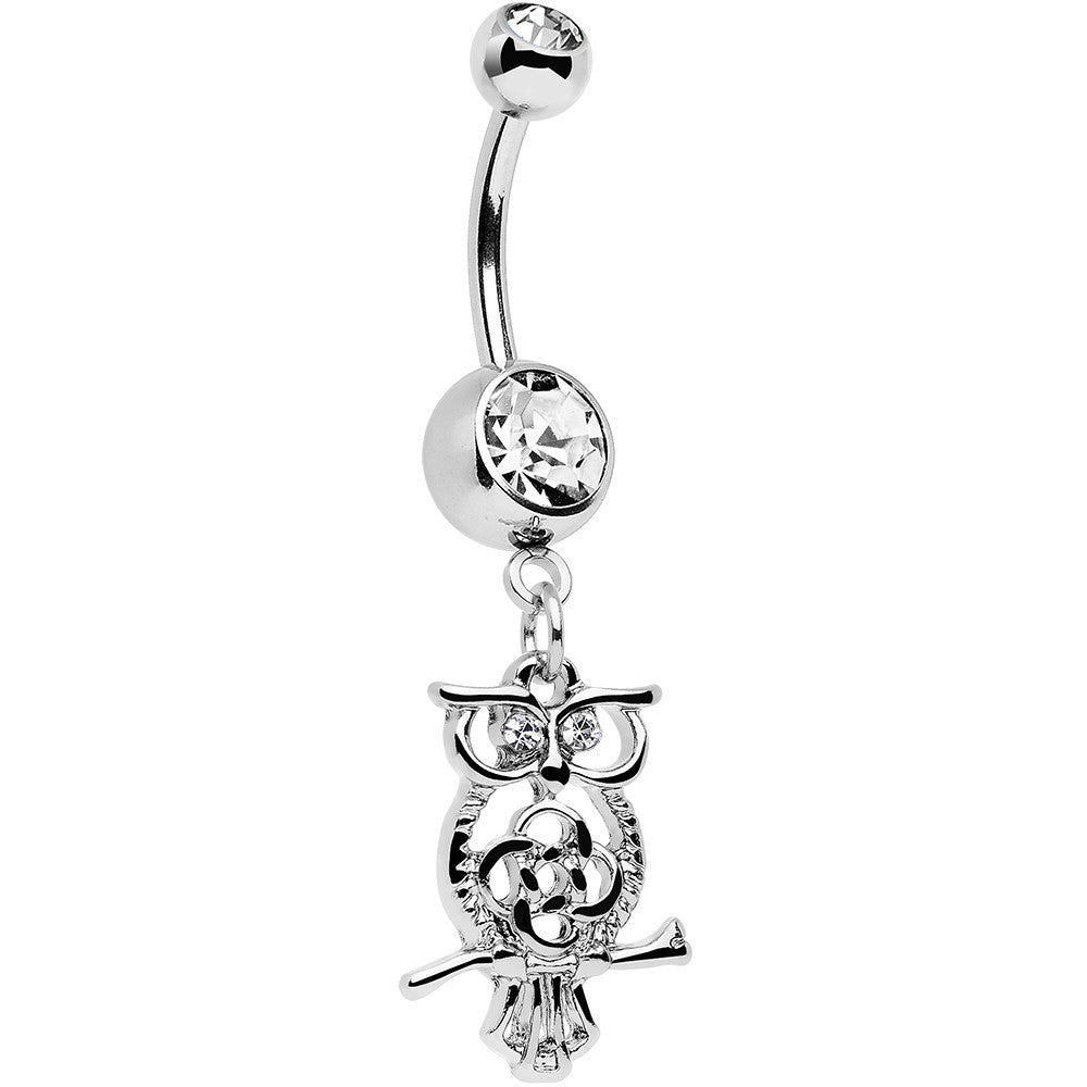 Clear Gem Celtic Knot Perched Owl Dangle Belly Ring