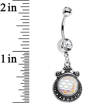 Clear Gem Iridescent White Mermaid Scales Dangle Belly Ring