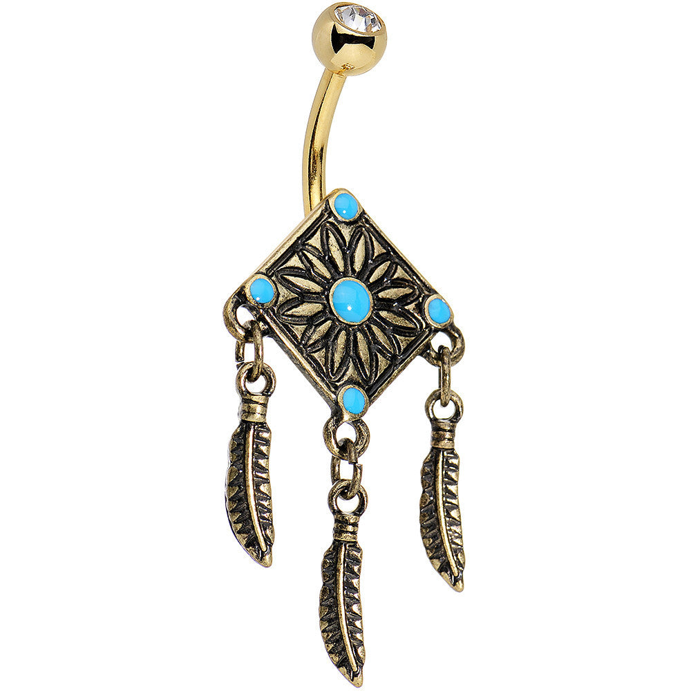 Faux Turquoise Gold Anodized Aztec Feather Dangle Belly Ring