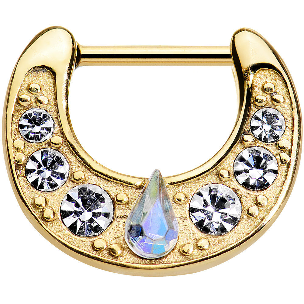 16 Gauge 5/16" Gold Plated Aurora Teardrop Clear Gem Septum Clicker