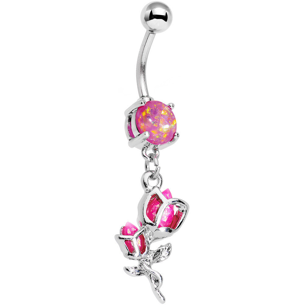 Pink Faux Opal Roses Ready to Flower Dangle Belly Ring