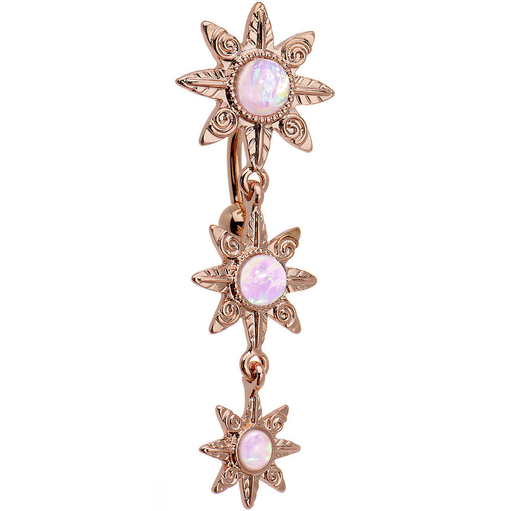 White Faux Opal Rose Gold Plated Flower Top Mount Dangle Belly Ring