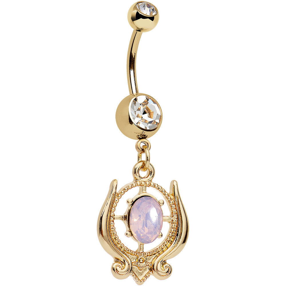 Pink Faux Opal Gold Anodized Sorcerers Eye Dangle Belly Ring