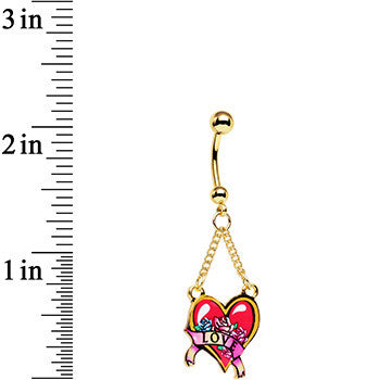 Gold Anodized Steel Red Tattoo Flash Love Heart Dangle Belly Ring