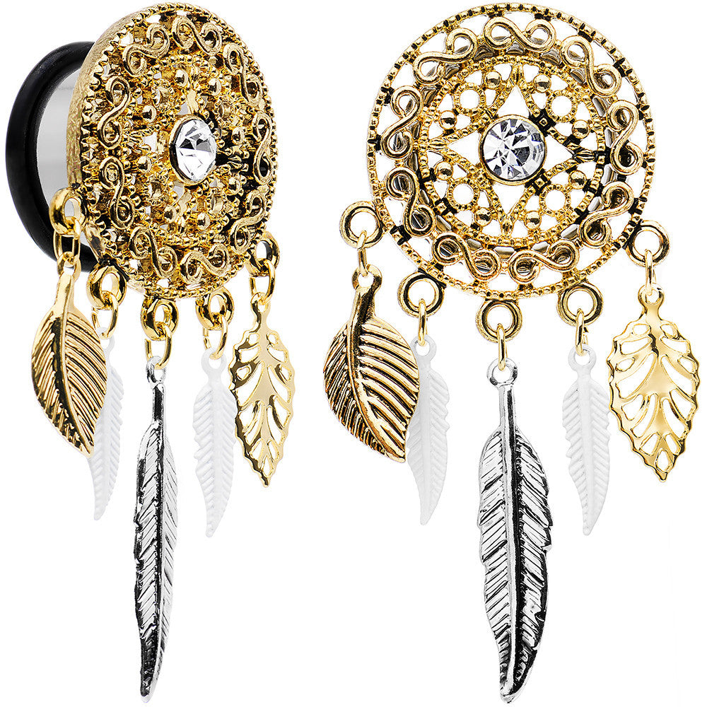 5/8 Clear Gem Ornate Gold Disc Leaf Feather Dangle Plug Set