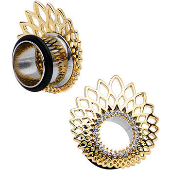 9/16 Clear Gem Golden Gala Feather Single Flare Tunnel Plug Set