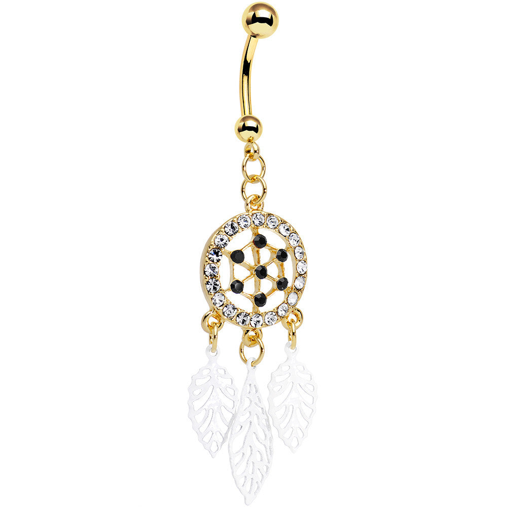 Clear Gem Gold Anodized Steel Dream Leaf Dangle Belly Ring