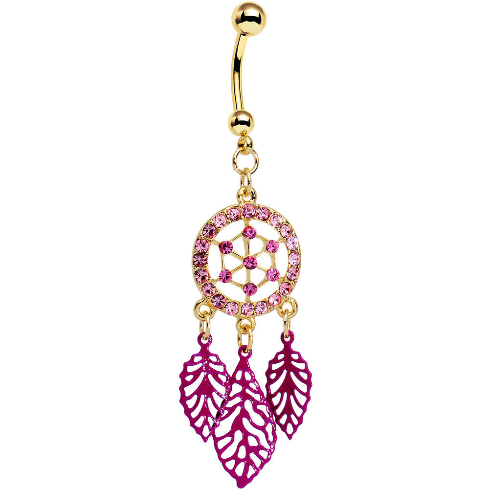 Pink Gem Gold Anodized Steel Dream Leaf Dangle Belly Ring