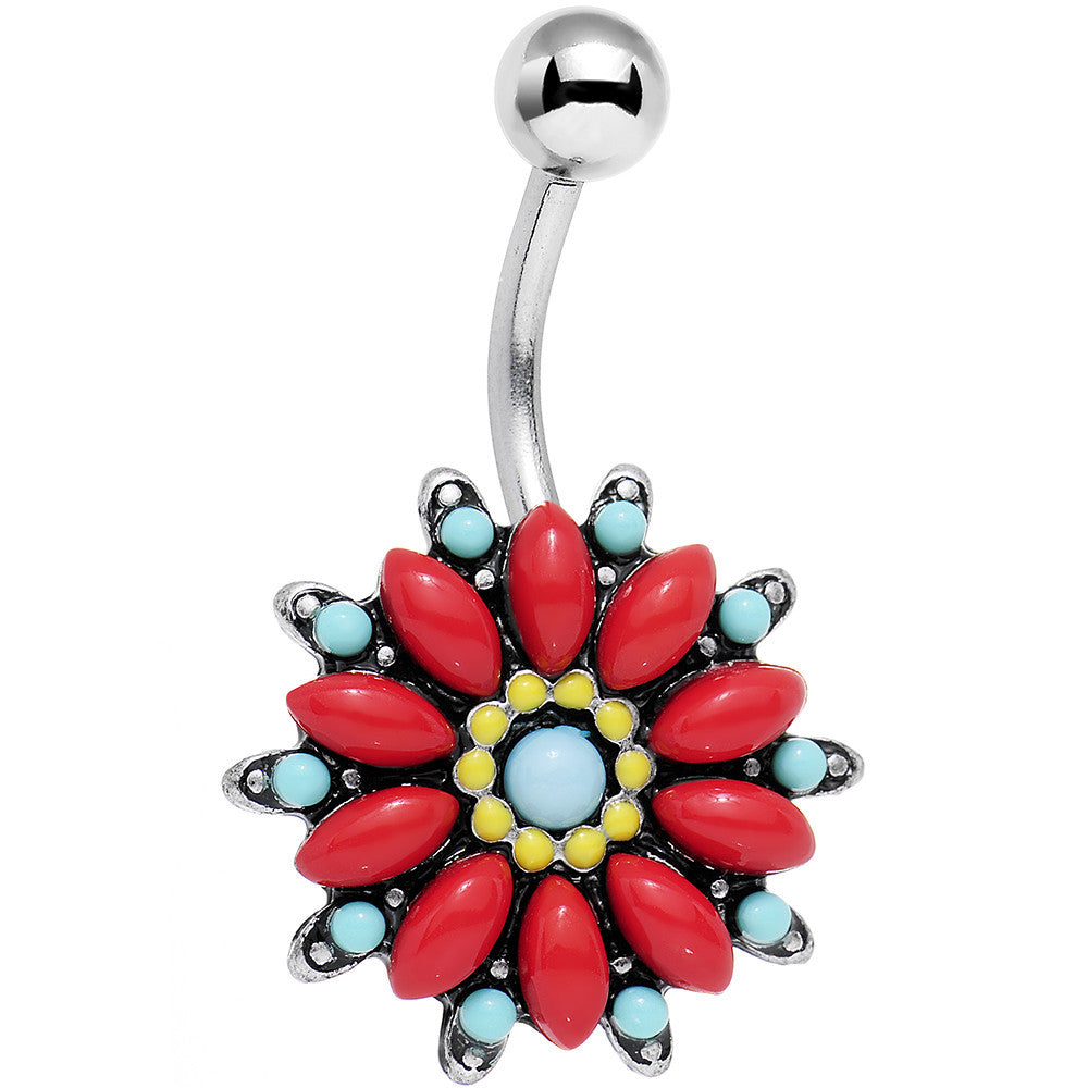 Blue Red Southwestern Holly Holiday Flower Belly Ring