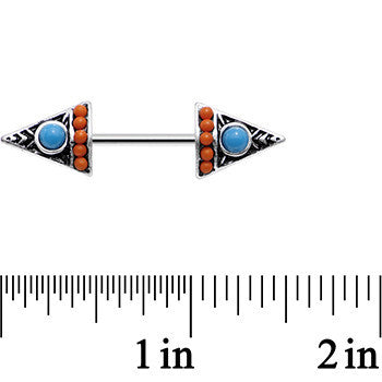 14 Gauge 9/16 Blue and Orange Artistic Deco Arrowhead Nipple Ring Set