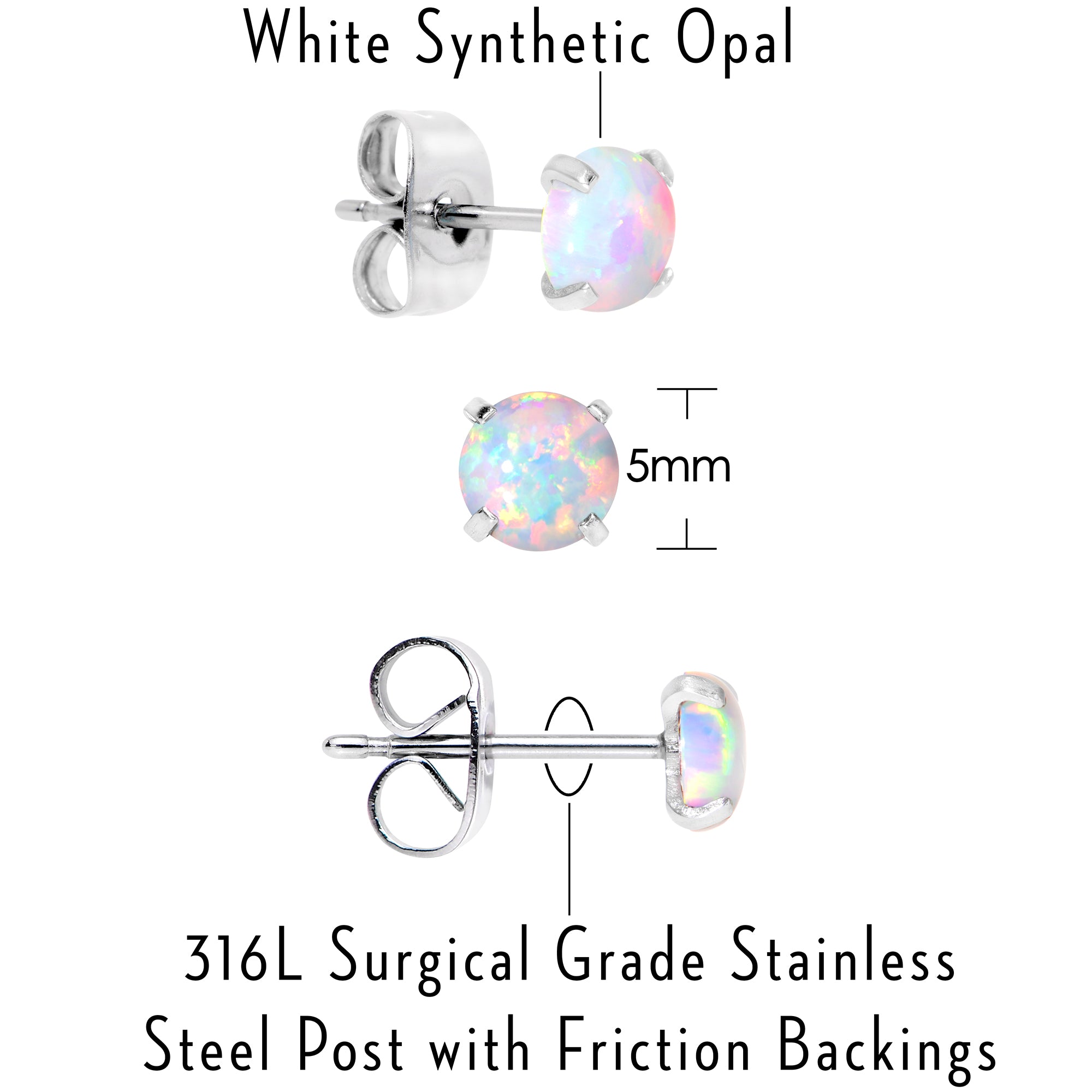 White Synthetic Opal Stainless Steel Post Stud Earring Pack Set of 3