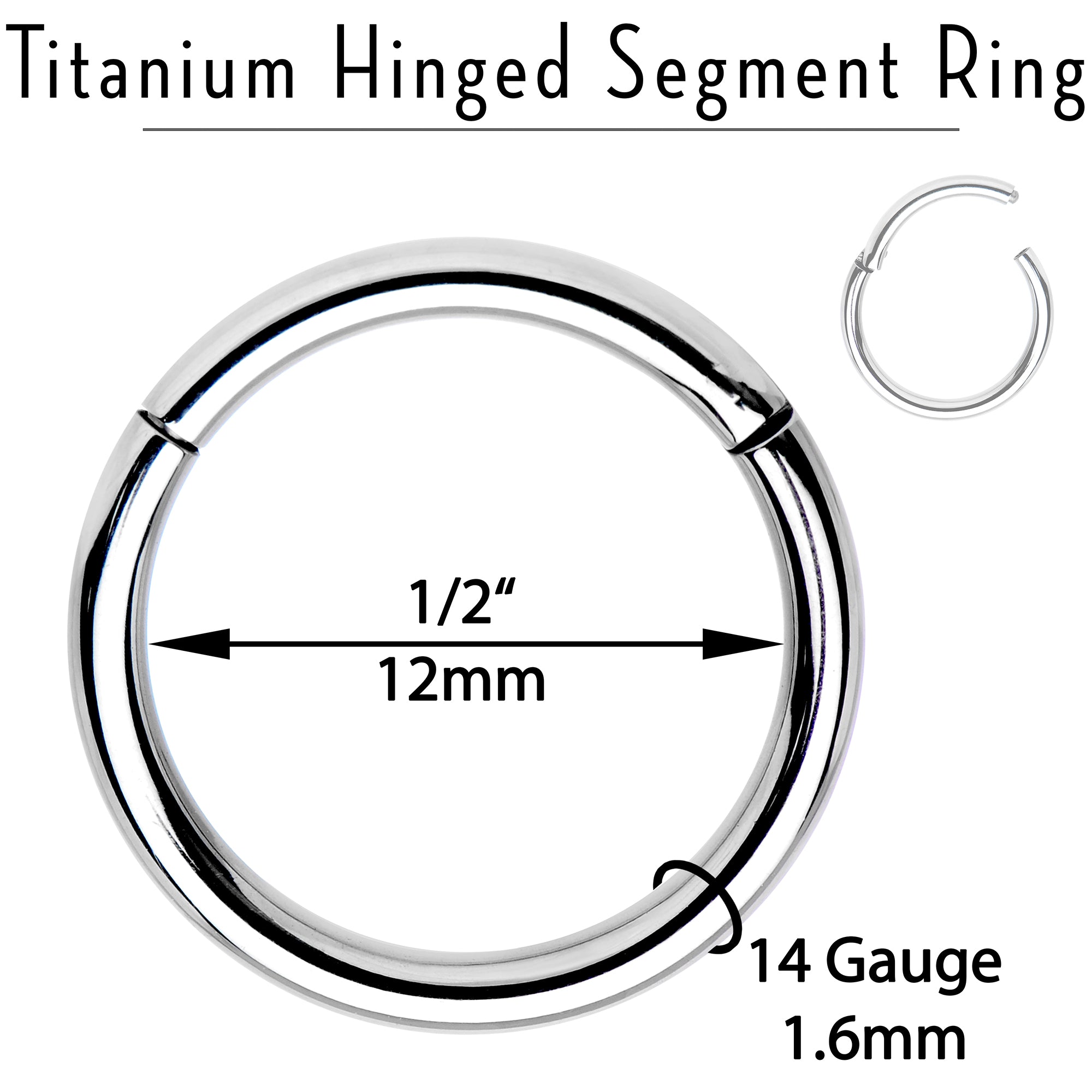 14 Gauge 1/2 Solid G23 Implant Grade Titanium Hinged Segment Ring