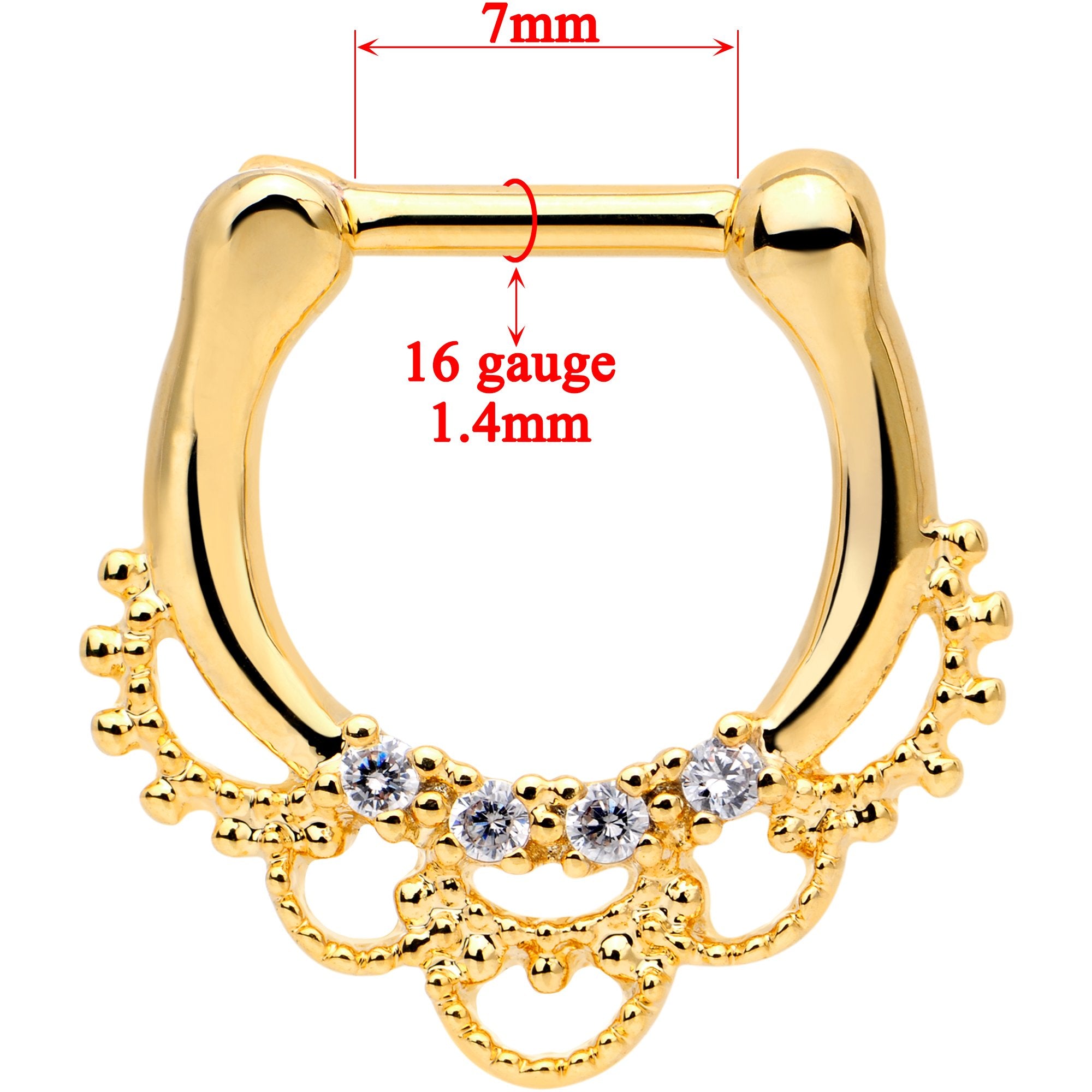 1/4 Clear CZ Gem Gold Tone Anodized Filigree Nipple Clicker Set