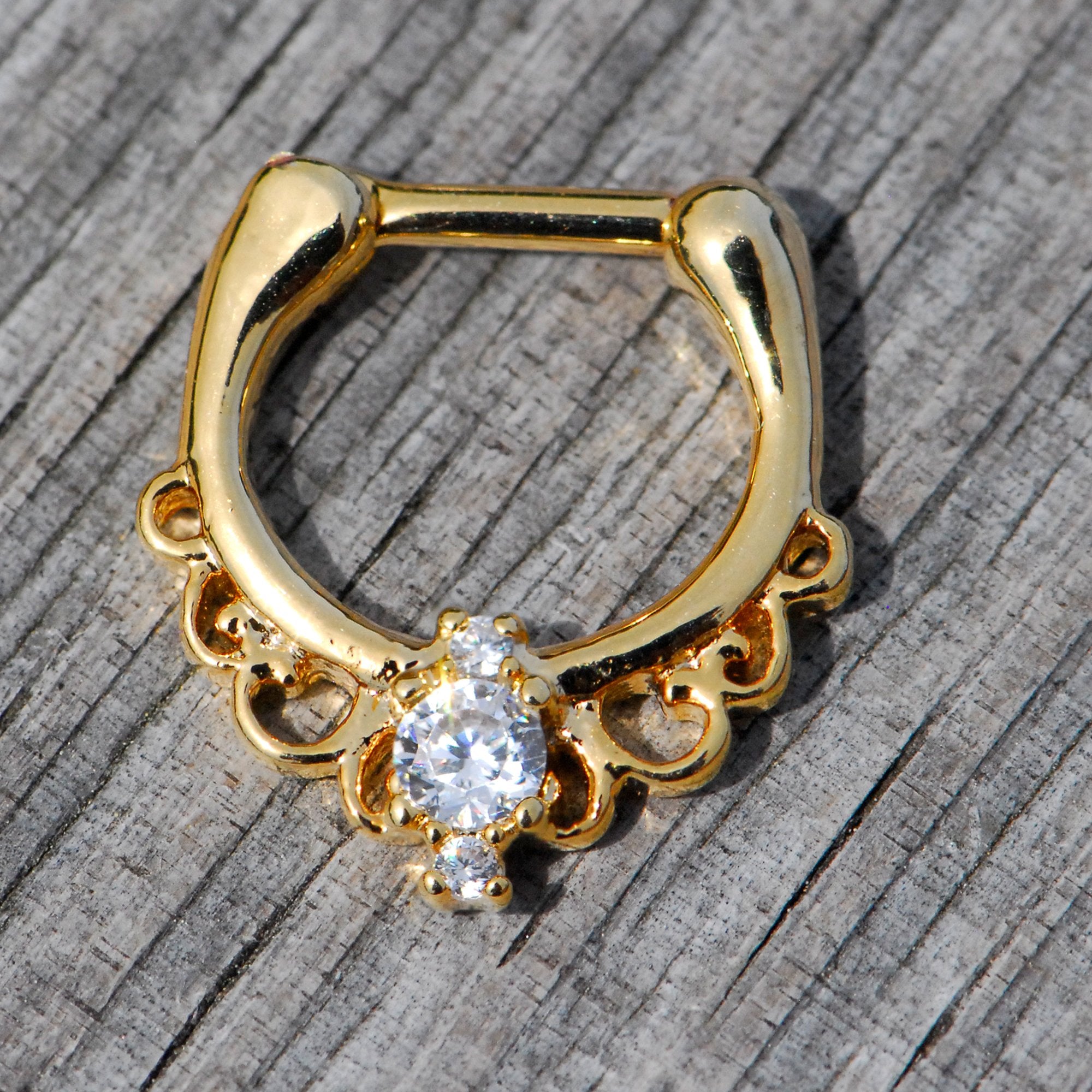 16G Clear CZ Gem Gold Tone Anodized Coronet Septum Clicker