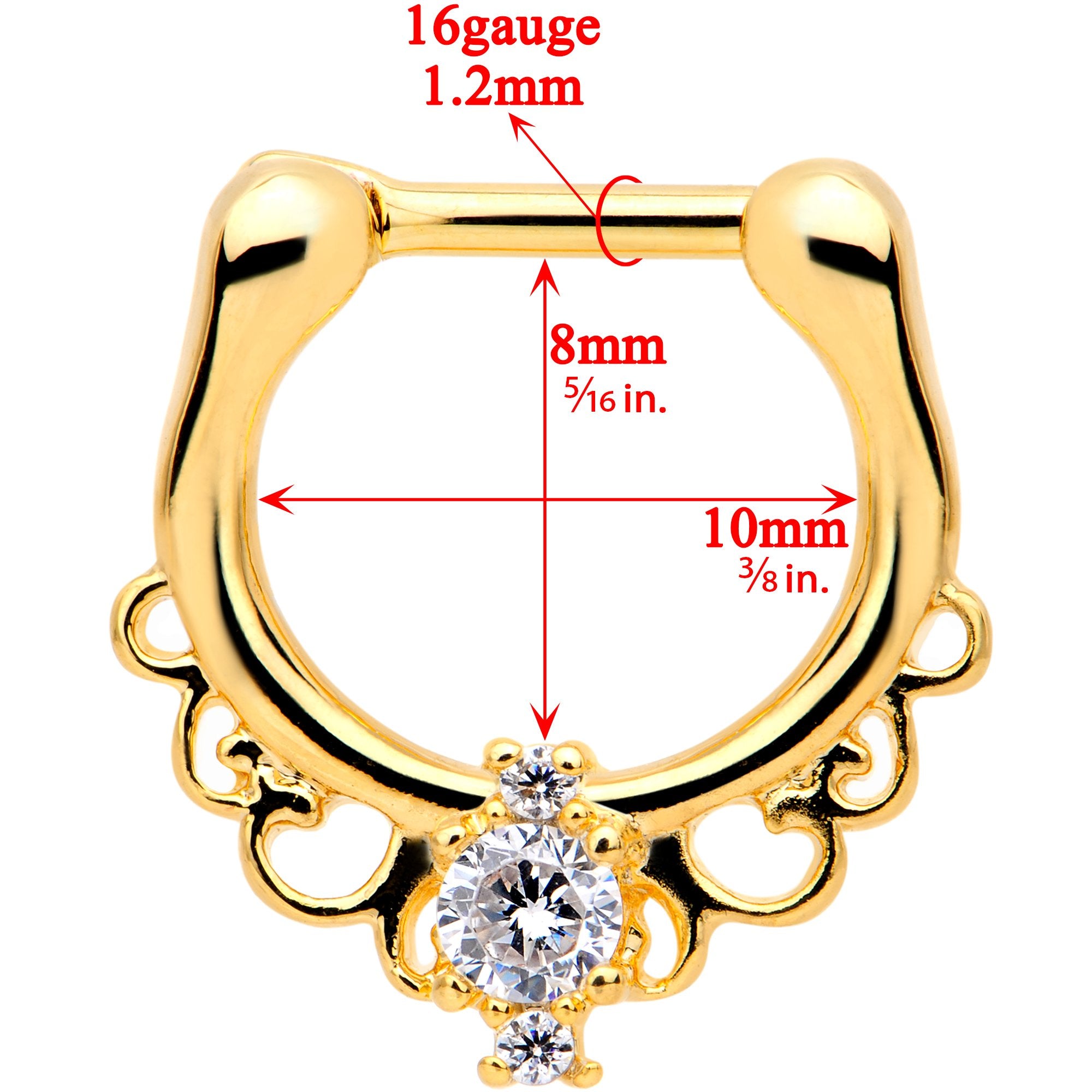 16G Clear CZ Gem Gold Tone Anodized Coronet Septum Clicker