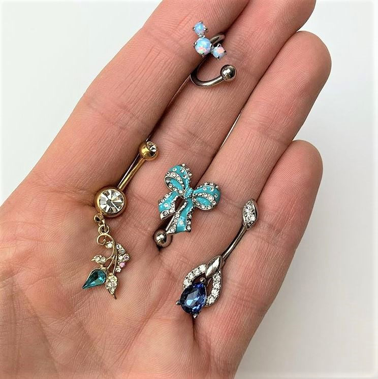 Clear Gem Bedazzled Blue Bow Top Mount Belly Ring