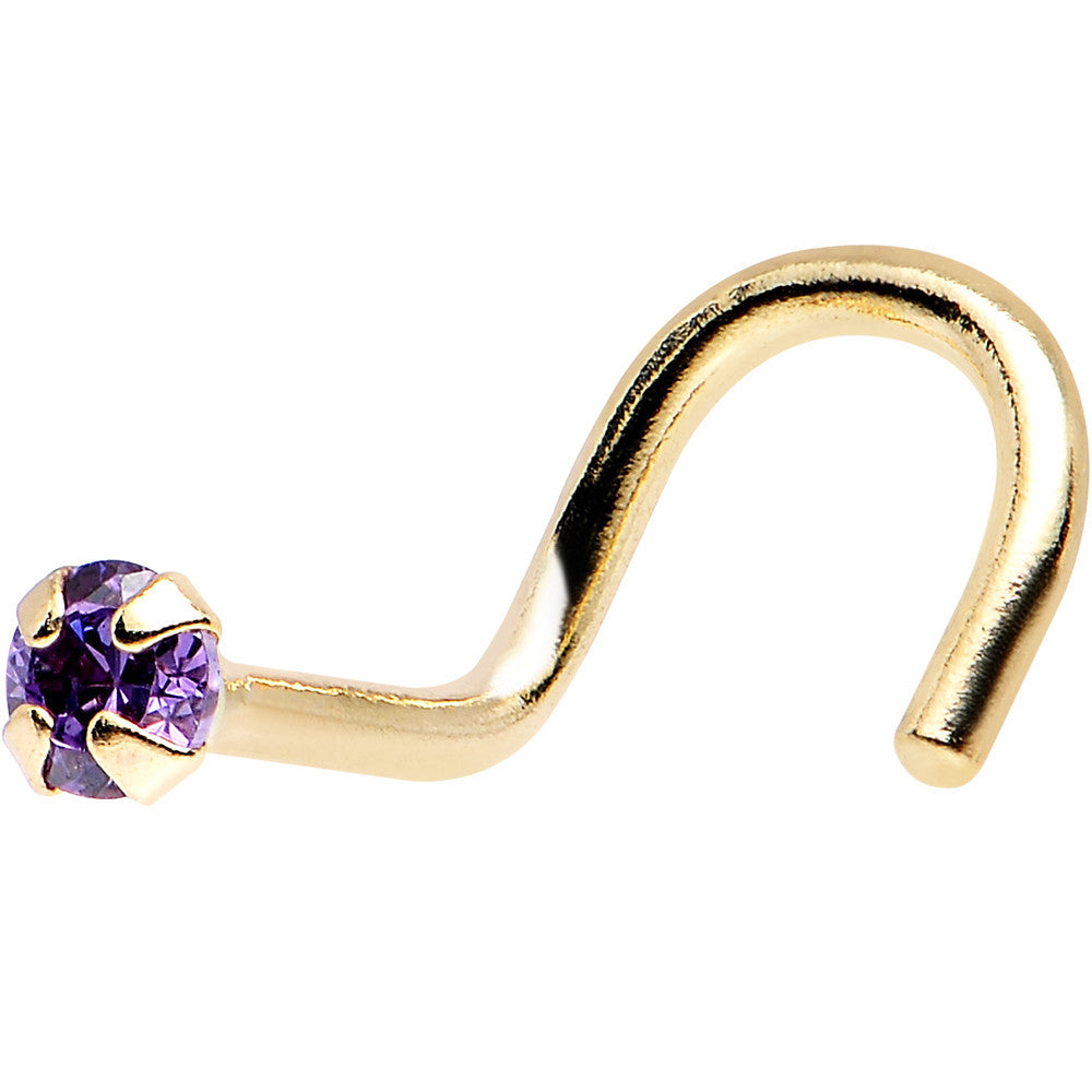 Solid 14kt Yellow Gold 2mm Amethyst Cubic Zirconia Solitaire Nose Ring