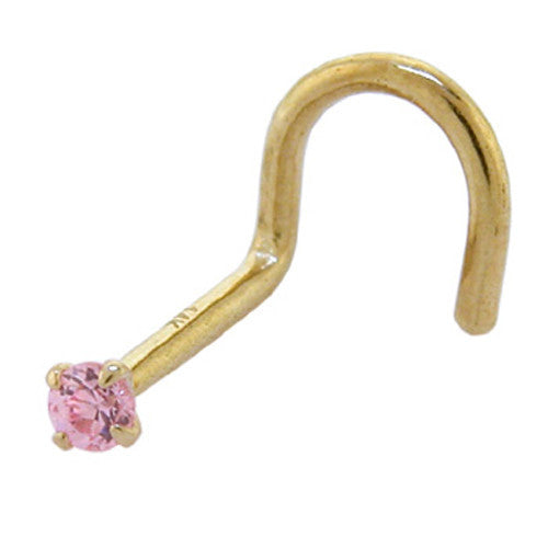 Solid 14KT Yellow Gold 2mm PINK Cubic Zirconia SOLITAIRE Nose Ring