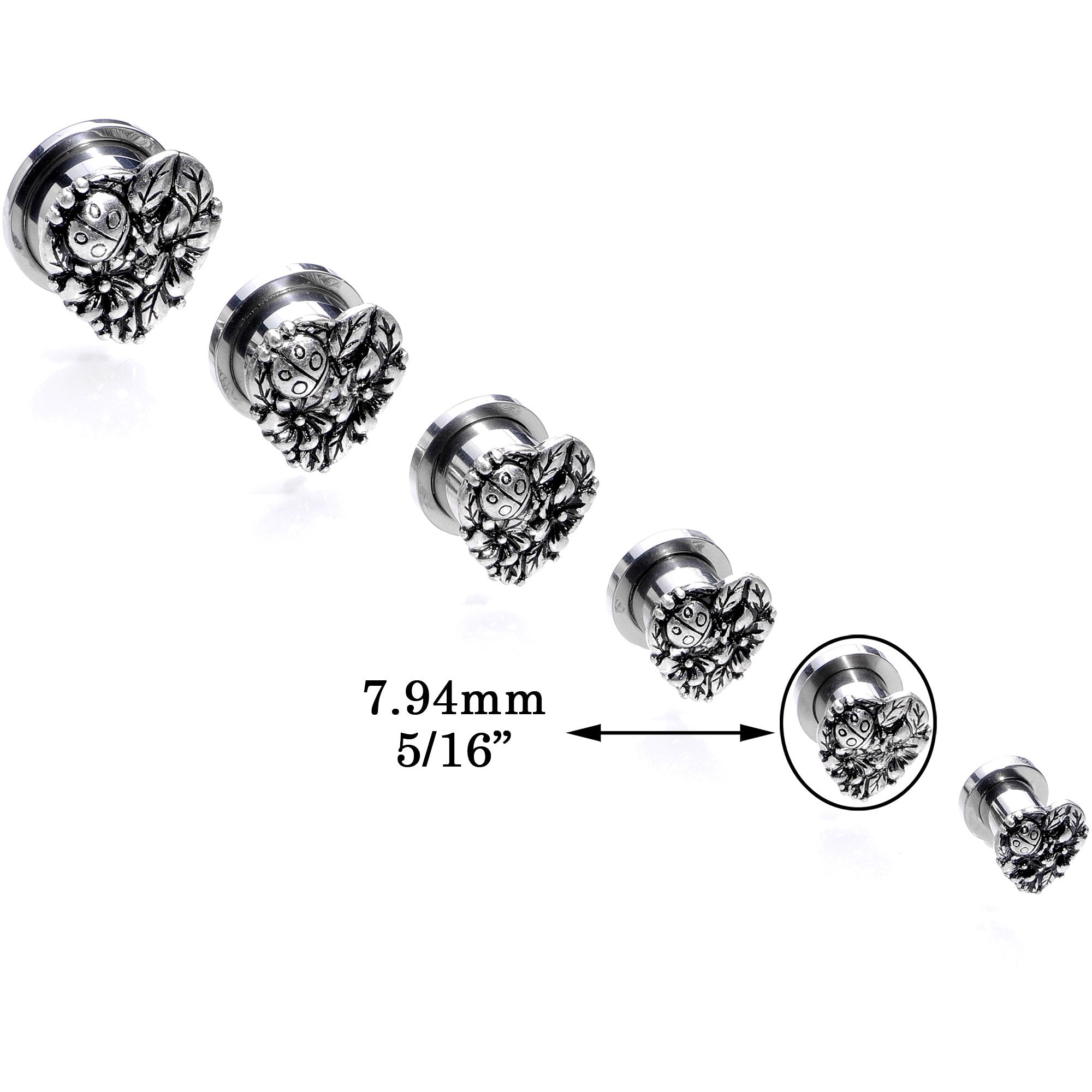 Ladybug Heart Screw Fit Tunnel Plug Set 6mm to 16mm
