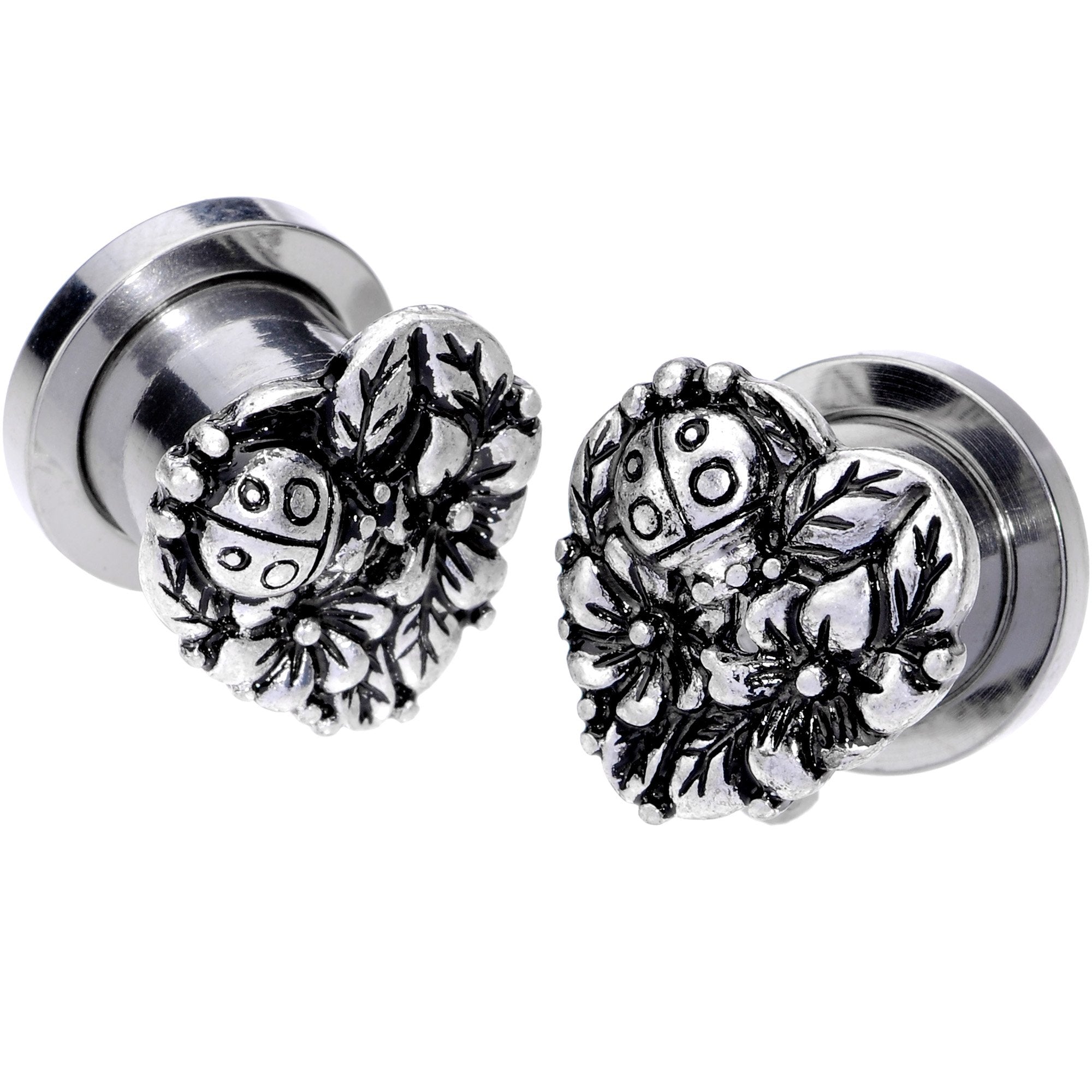 Ladybug Heart Screw Fit Tunnel Plug Set 6mm to 16mm