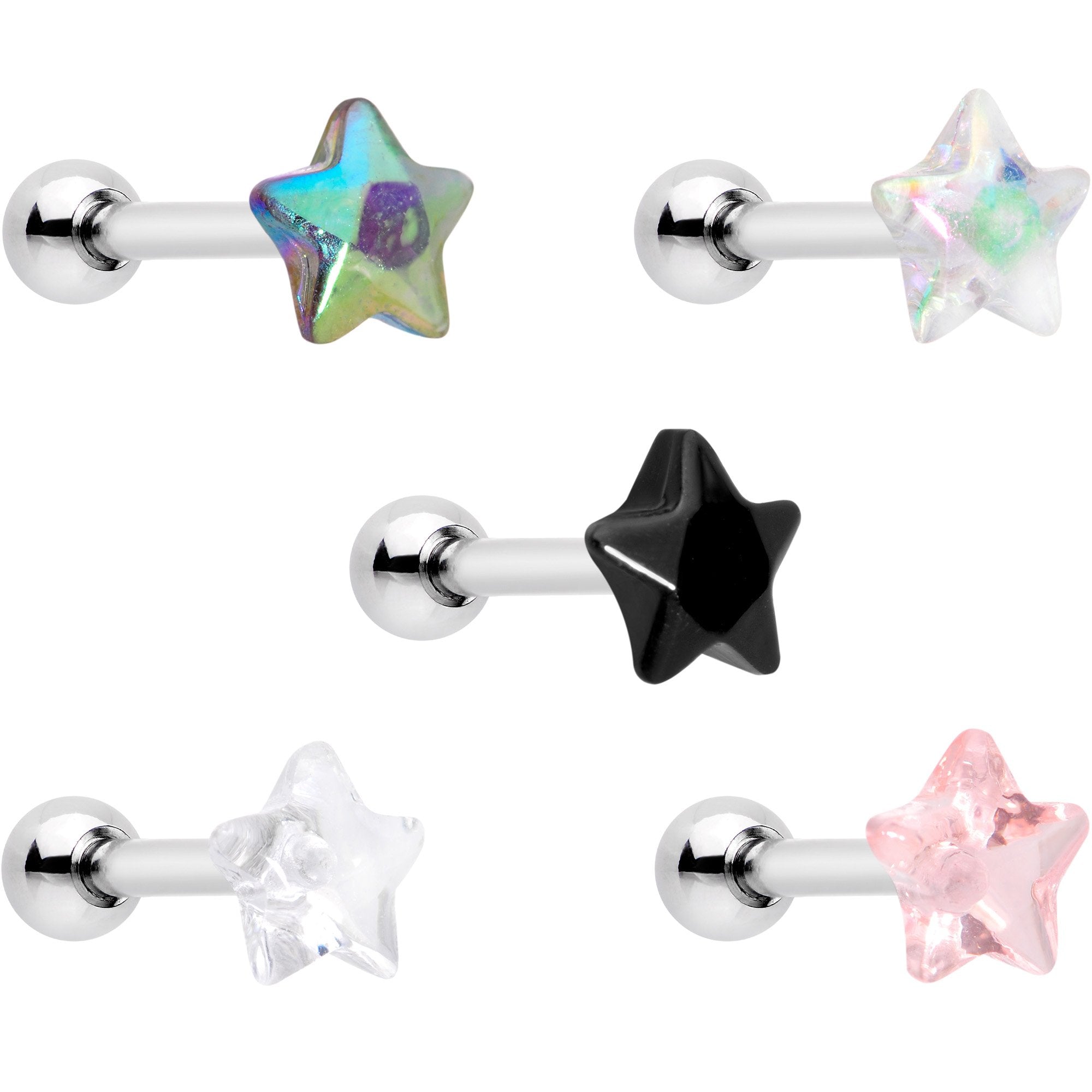 16 Gauge 1/4 Multi Color Star Gem Cartilage Tragus Earring Five Pack Set