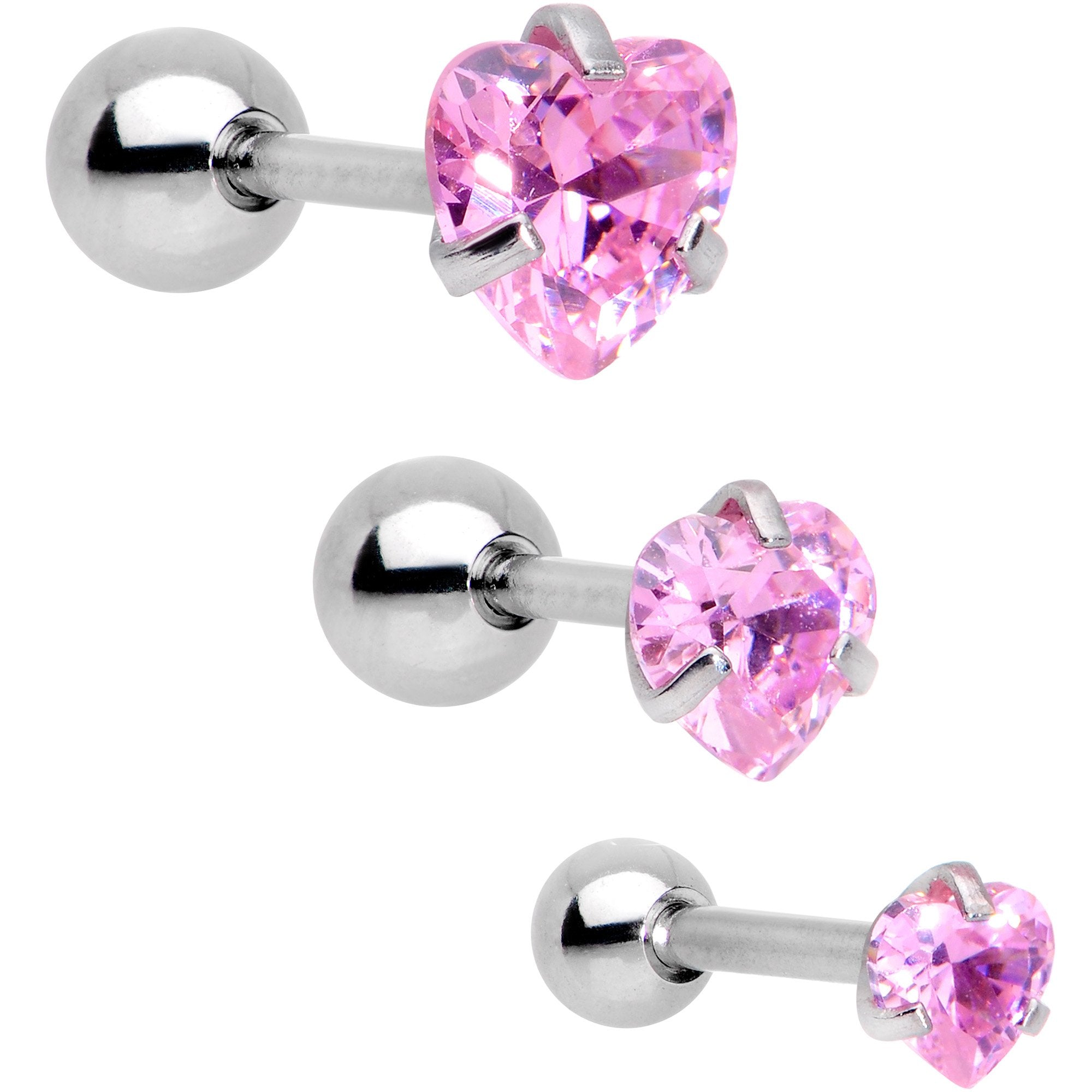 16G 5/16 Pink Gem Heart Trio Tragus Cartilage Earring Set of 3