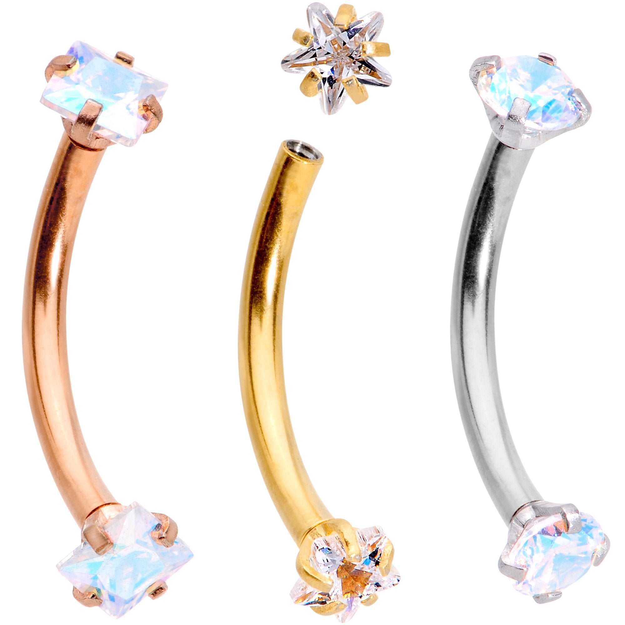 3/8 Clear Gem Anodized Curved Eyebrow Ring Set of 3