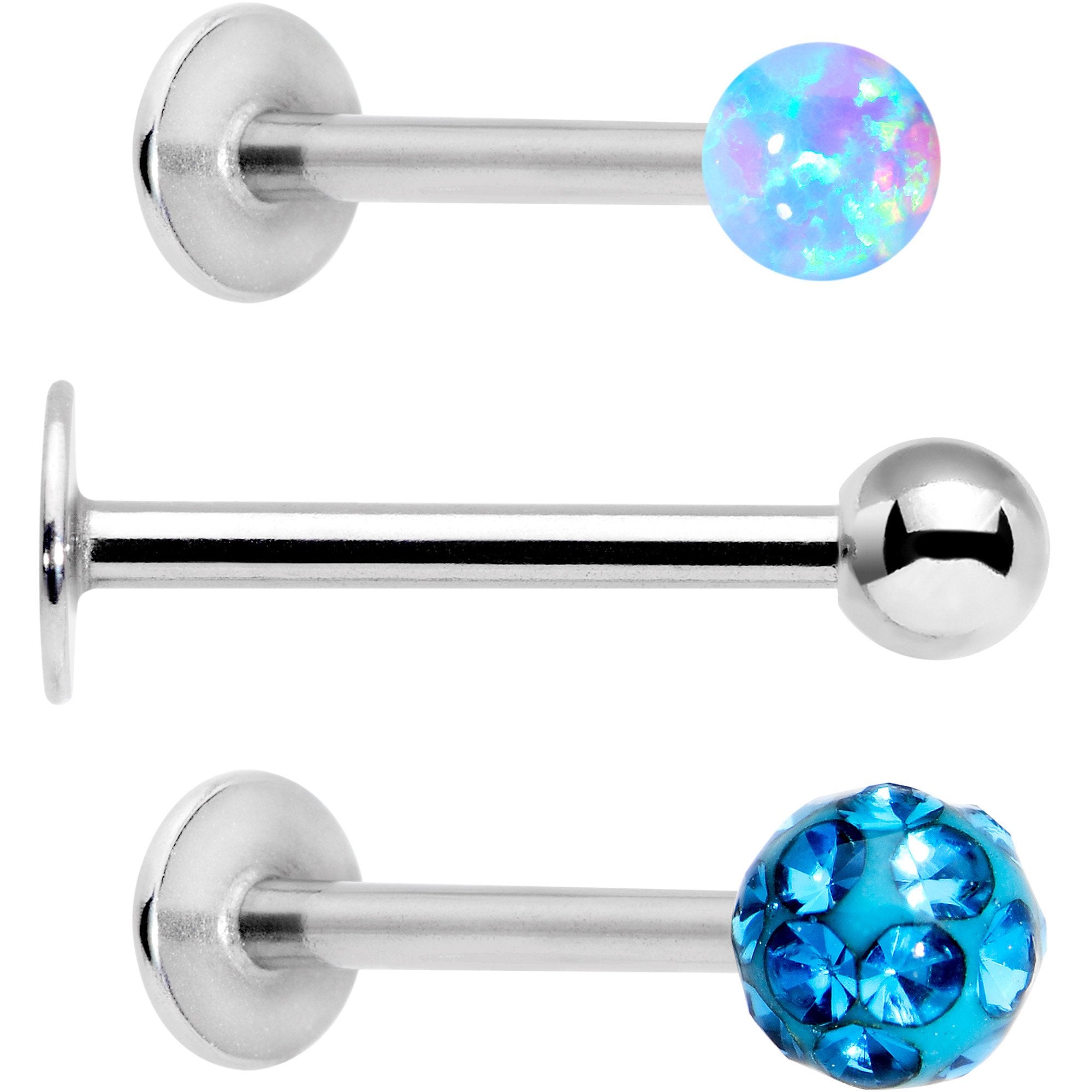 16G 3/8 Aqua Faux Opal Ball Labret Monroe Tragus 3 Pack Set
