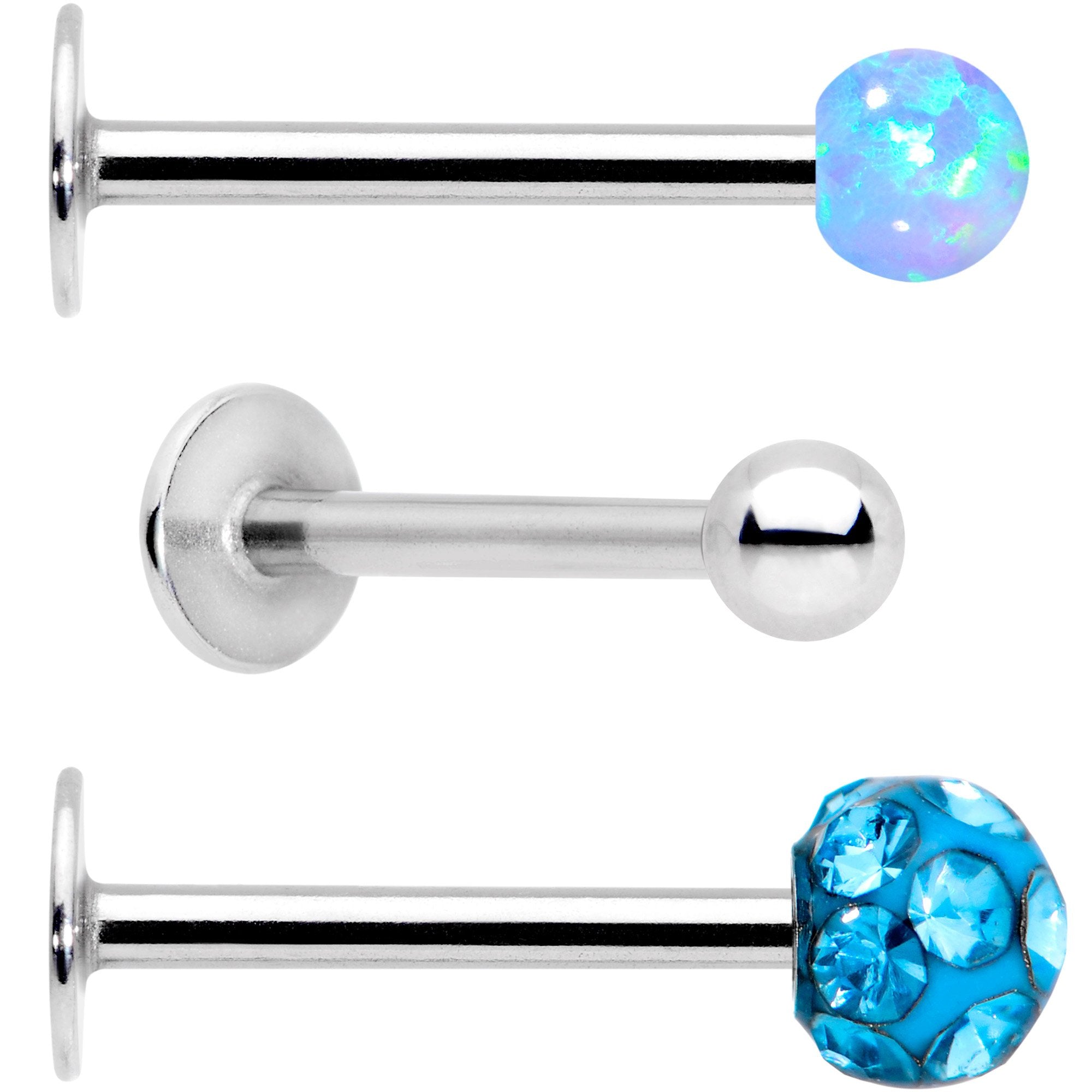16G 3/8 Aqua Faux Opal Ball Labret Monroe Tragus 3 Pack Set