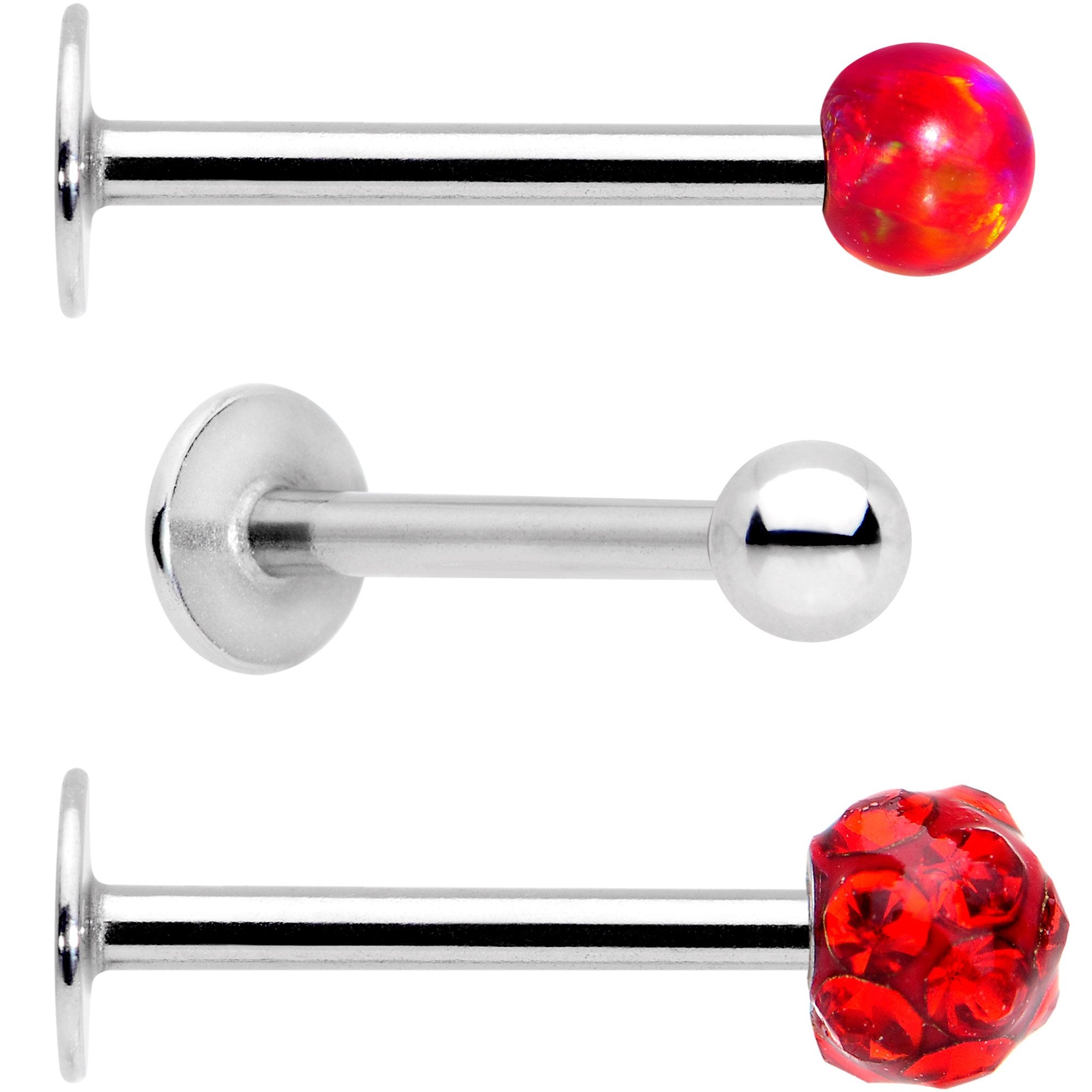 16G 3/8 Red Faux Opal Ball Labret Monroe Tragus 3 Pack Set