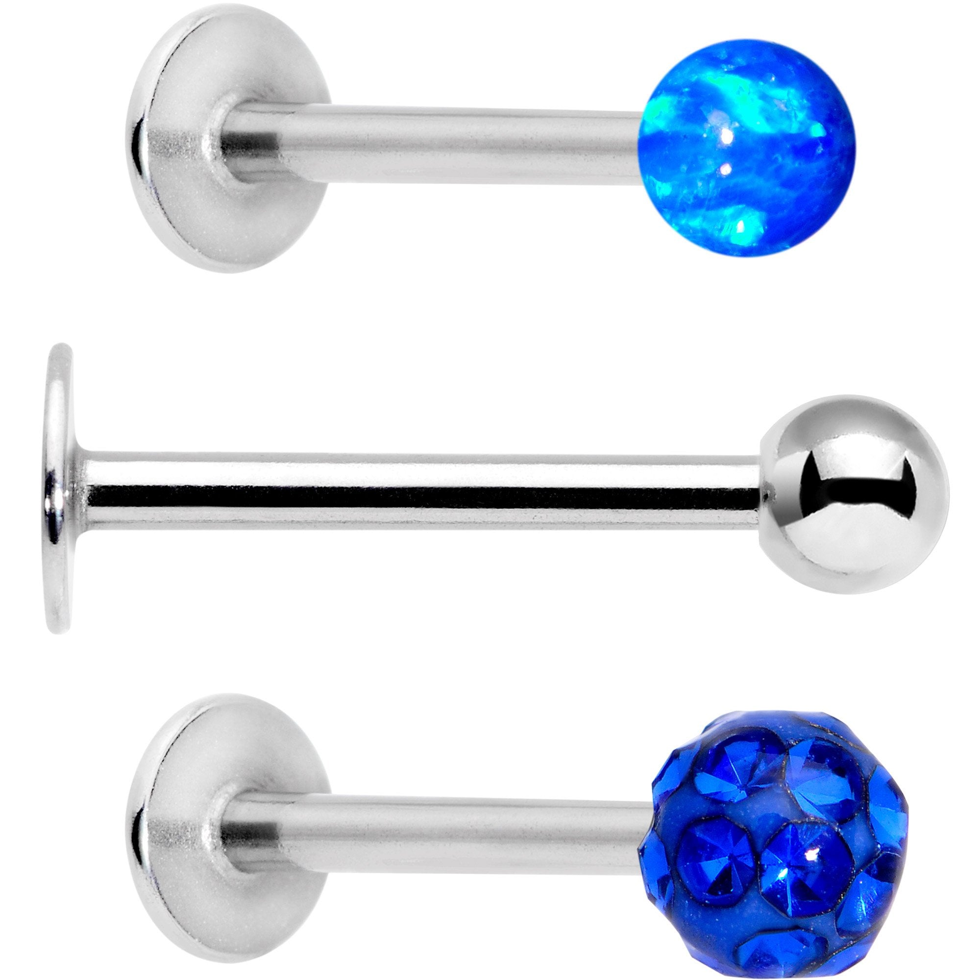 16 Gauge 3/8 Blue Faux Opal Ball Labret Monroe Tragus 3 Pack Set