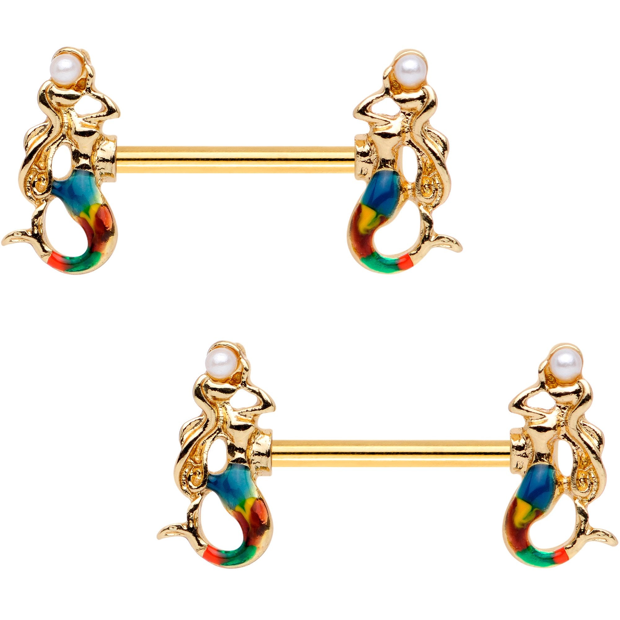 9/16 Gold Tone Anodized Rainbow Mermaid Barbell Nipple Ring Set