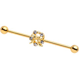 14 Gauge Clear Gem Gold PVD Halo Pretty Bow Industrial Barbell 38mm
