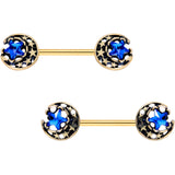 9/16 Blue Gem Gold PVD Stars and Moons Barbell Nipple Ring Set