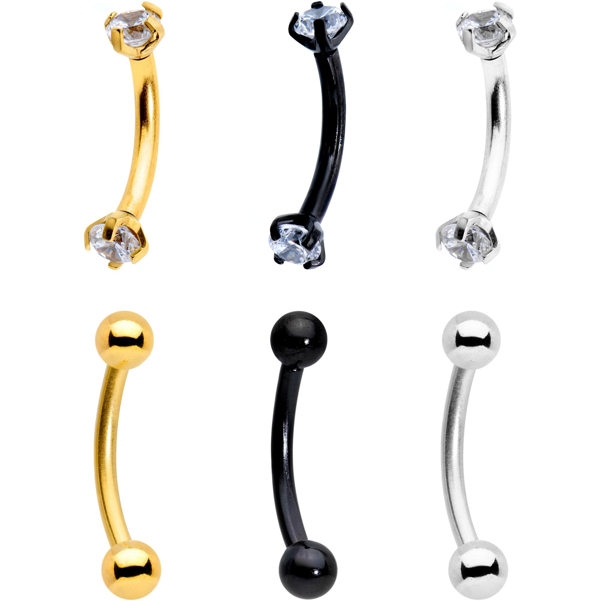 3/8 Clear CZ Gem PVD Curved Eyebrow Ring Set of 6