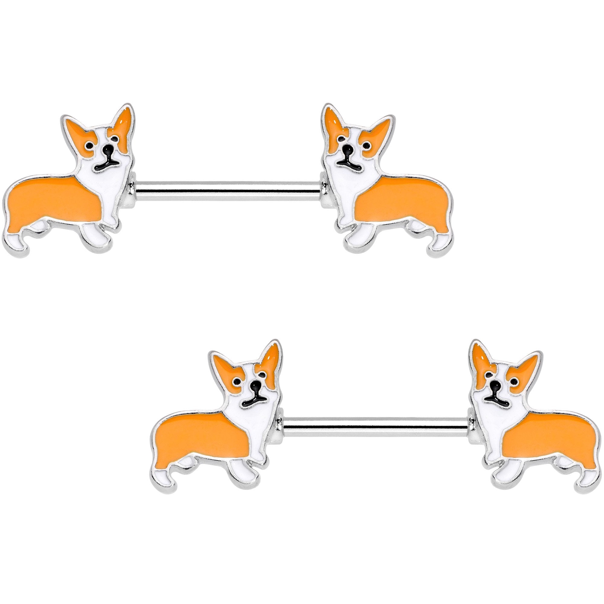 14G 9/16 Orange Corgi Puppy Dog Barbell Nipple Ring Set