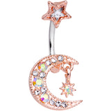 Clear Aurora Gem Rose Gold Tone Moon and Star Duo Dangle Belly Ring