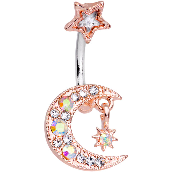 Clear Aurora Gem Rose Gold Tone Moon and Star Duo Dangle Belly Ring