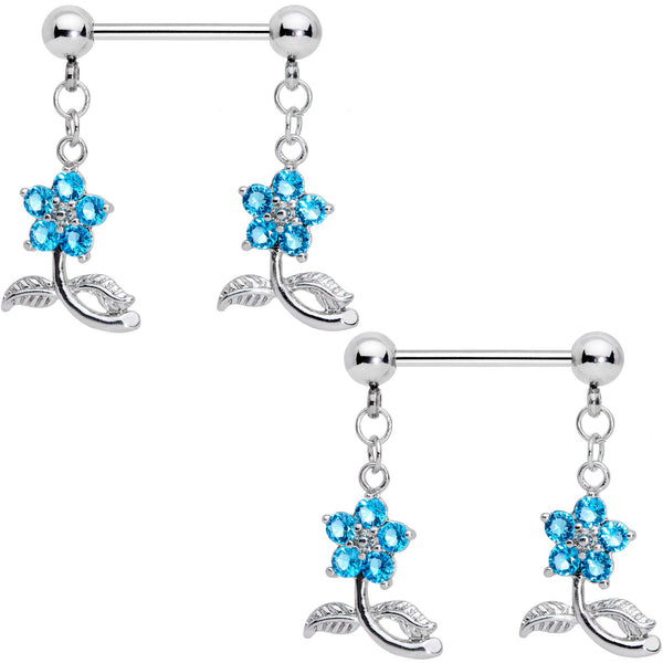 9/16 Aqua Clear CZ Gem Stemmed Flower Dangle Barbell Nipple Ring Set