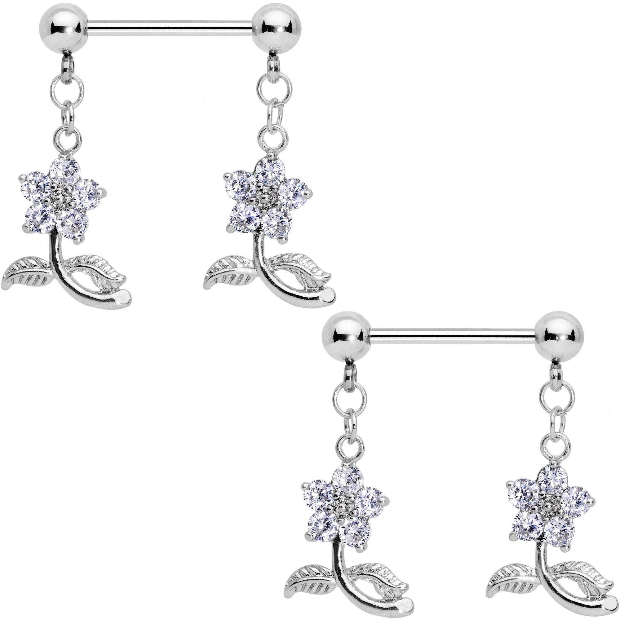 9/16 Clear CZ Gem Stemmed Flower Dangle Barbell Nipple Ring Set