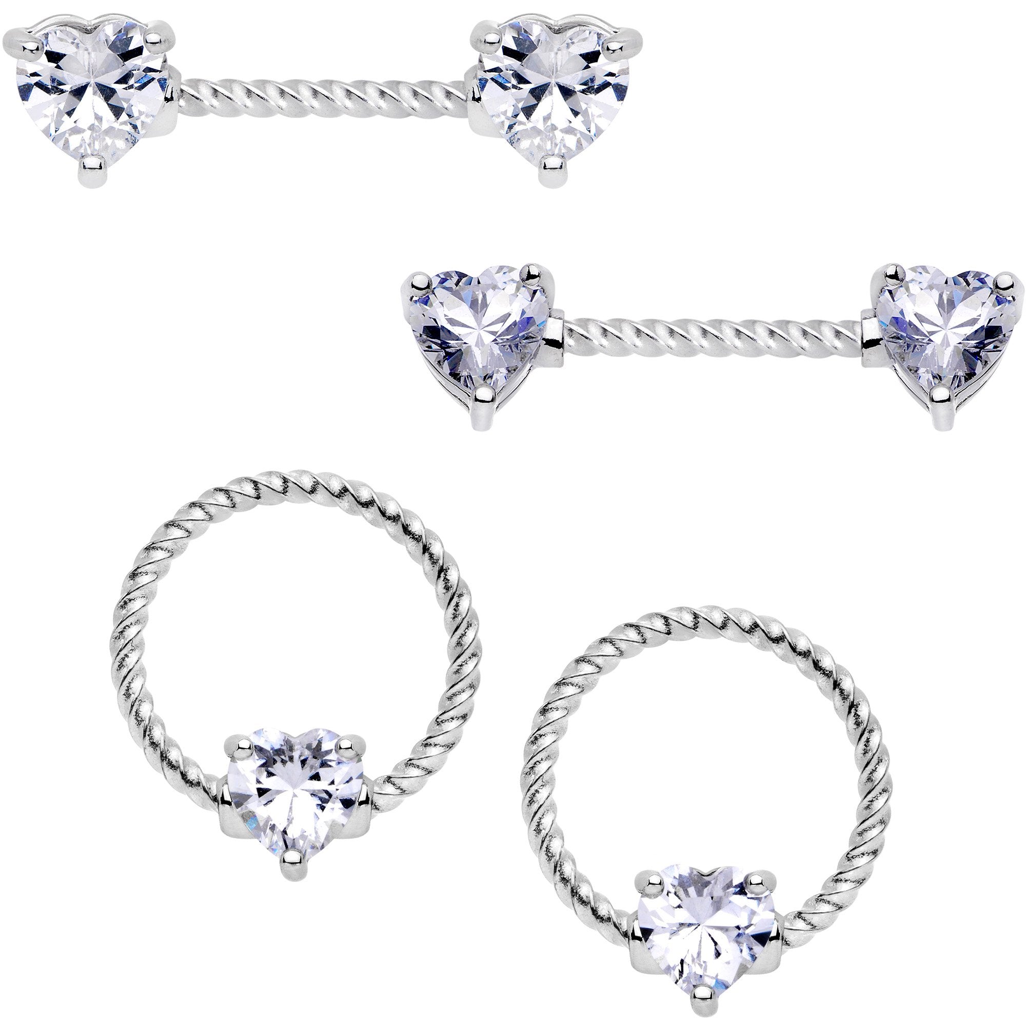 14 Gauge Clear CZ Gem Heart Twisted BCR Ring Barbell Nipple Ring Set