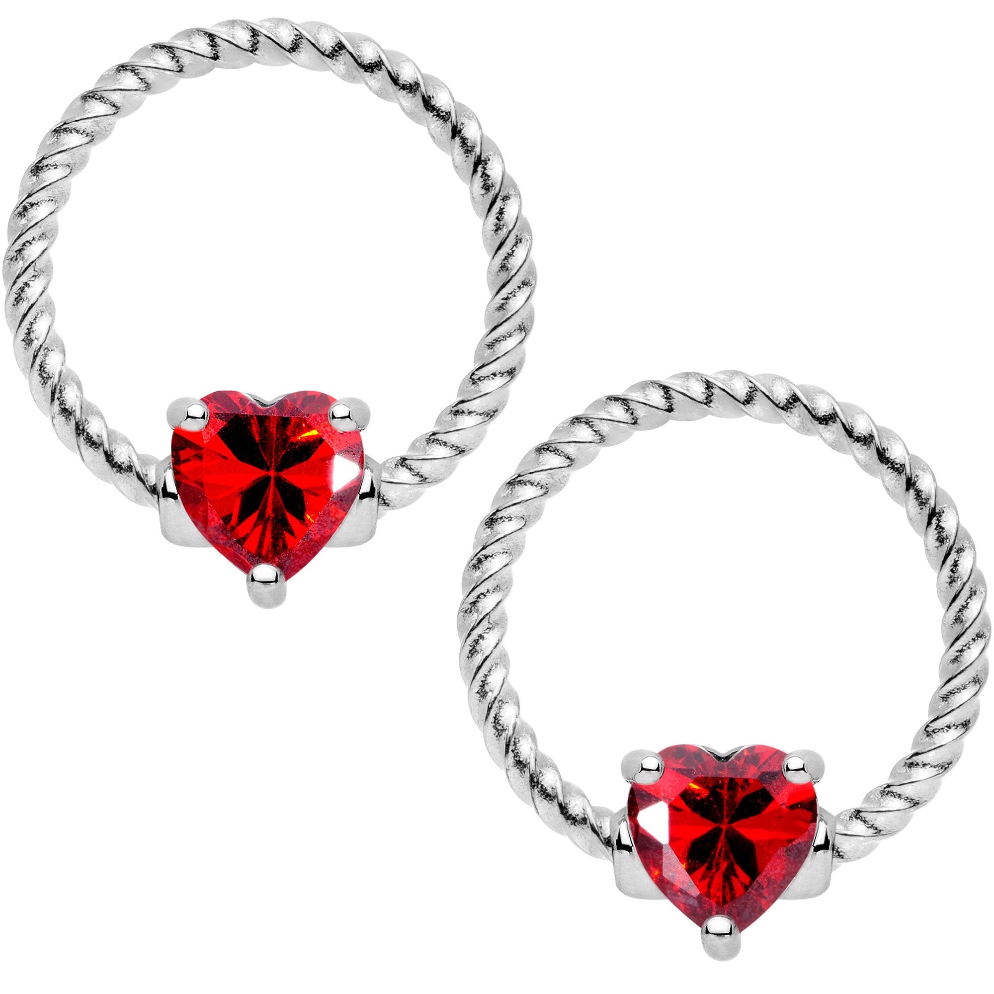 14G Red CZ Gem Heart Twisted Captive Ring Barbell Nipple Ring Set