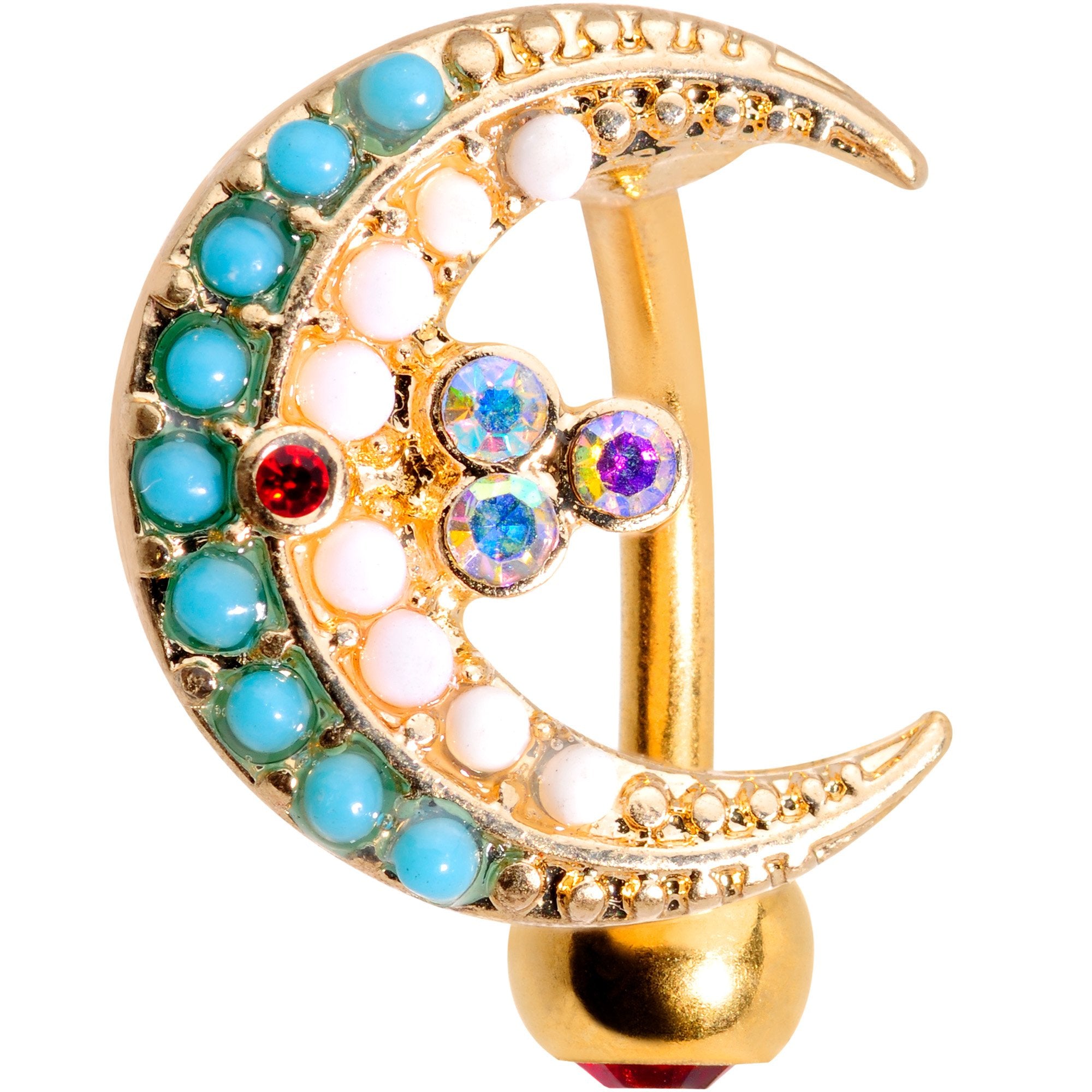 Aurora Gem Gold Tone Plated Crescent Moon Top Mount Belly Ring