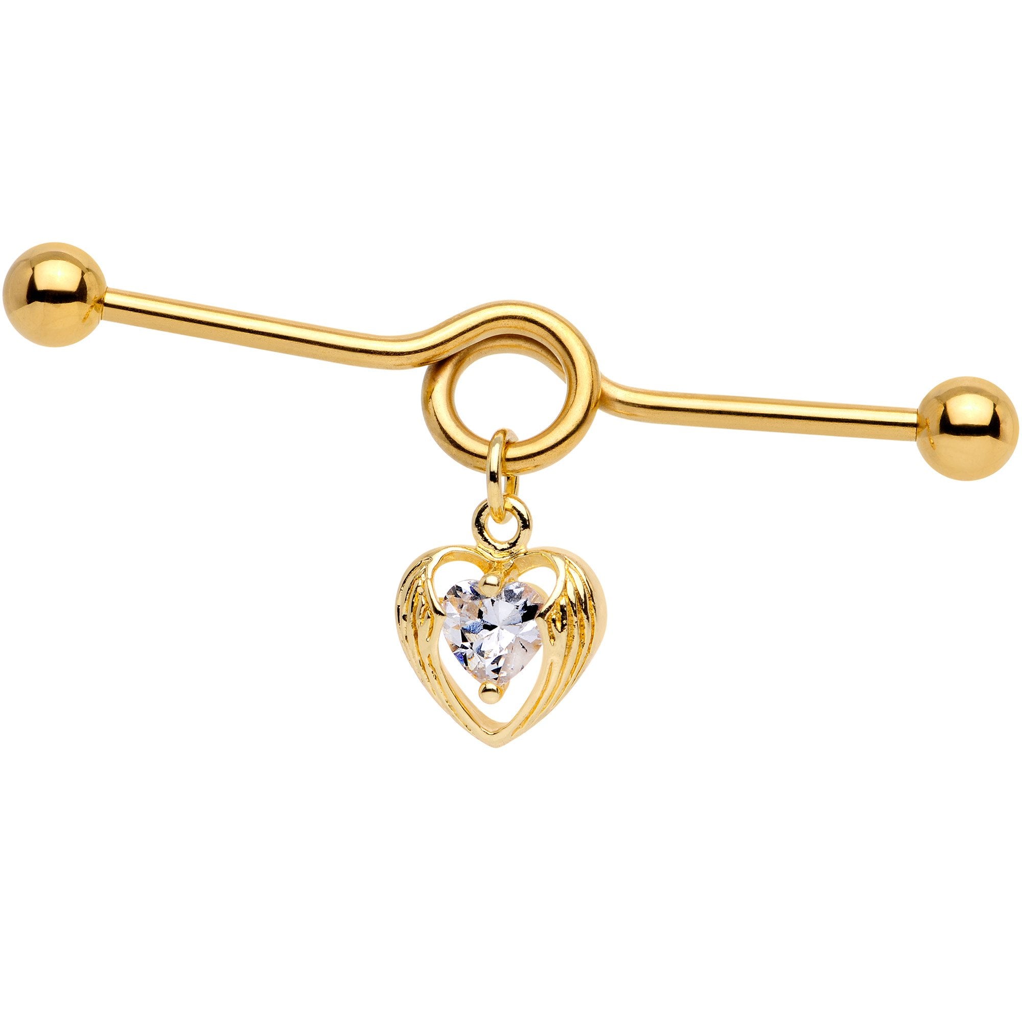 Clear CZ Gold Tone Hugged Heart Industrial Barbell 38mm