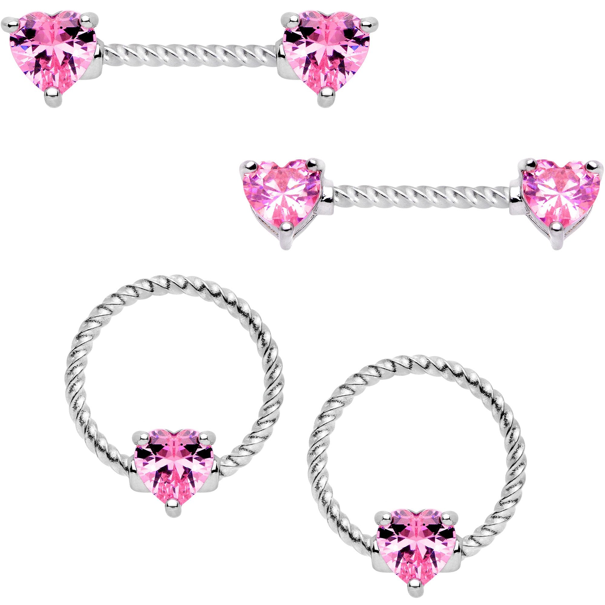 14 Gauge Pink CZ Gem Heart Twisted BCR Ring Barbell Nipple Ring Set