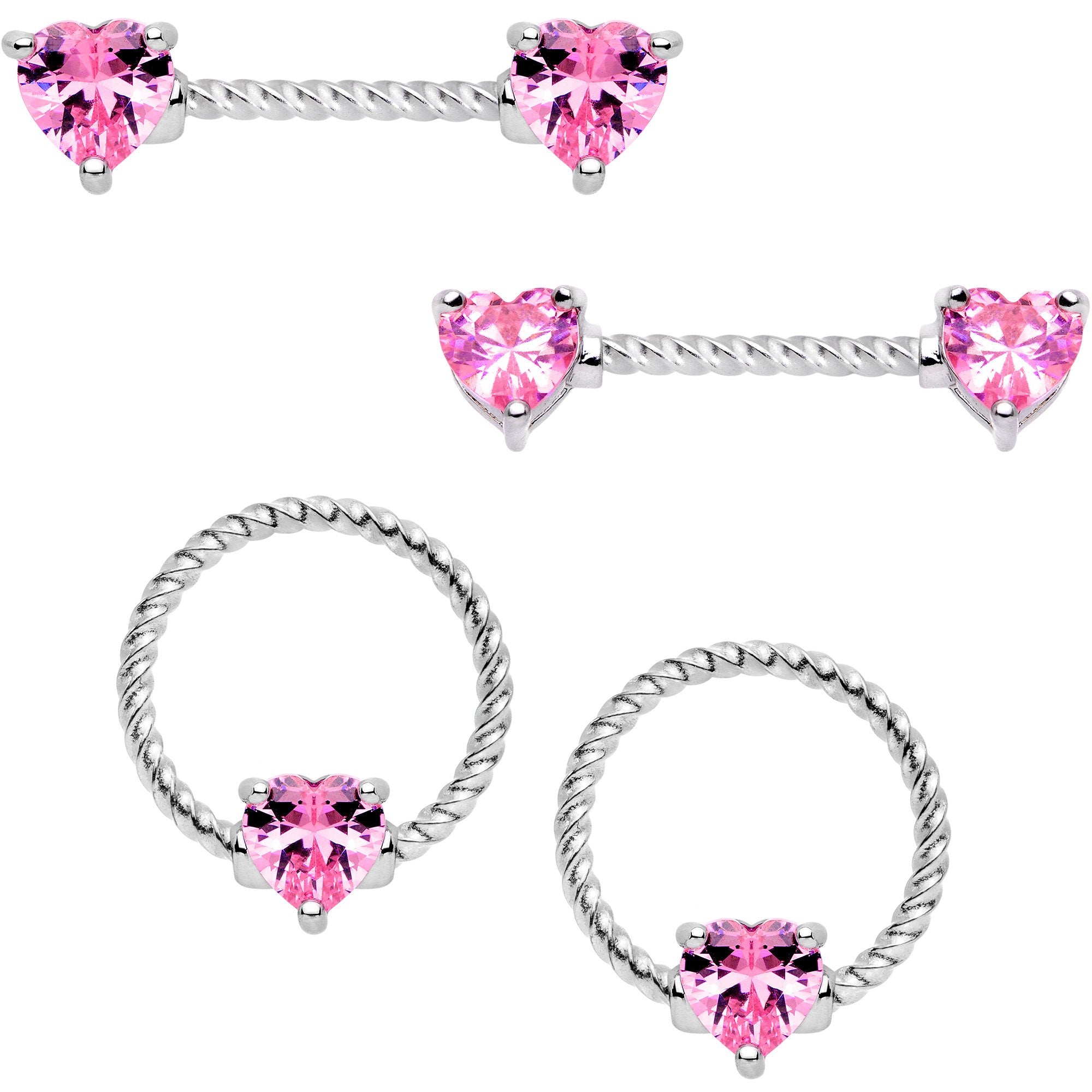 14G Pink CZ Gem Heart Twisted BCR Ring Barbell Nipple Ring Set
