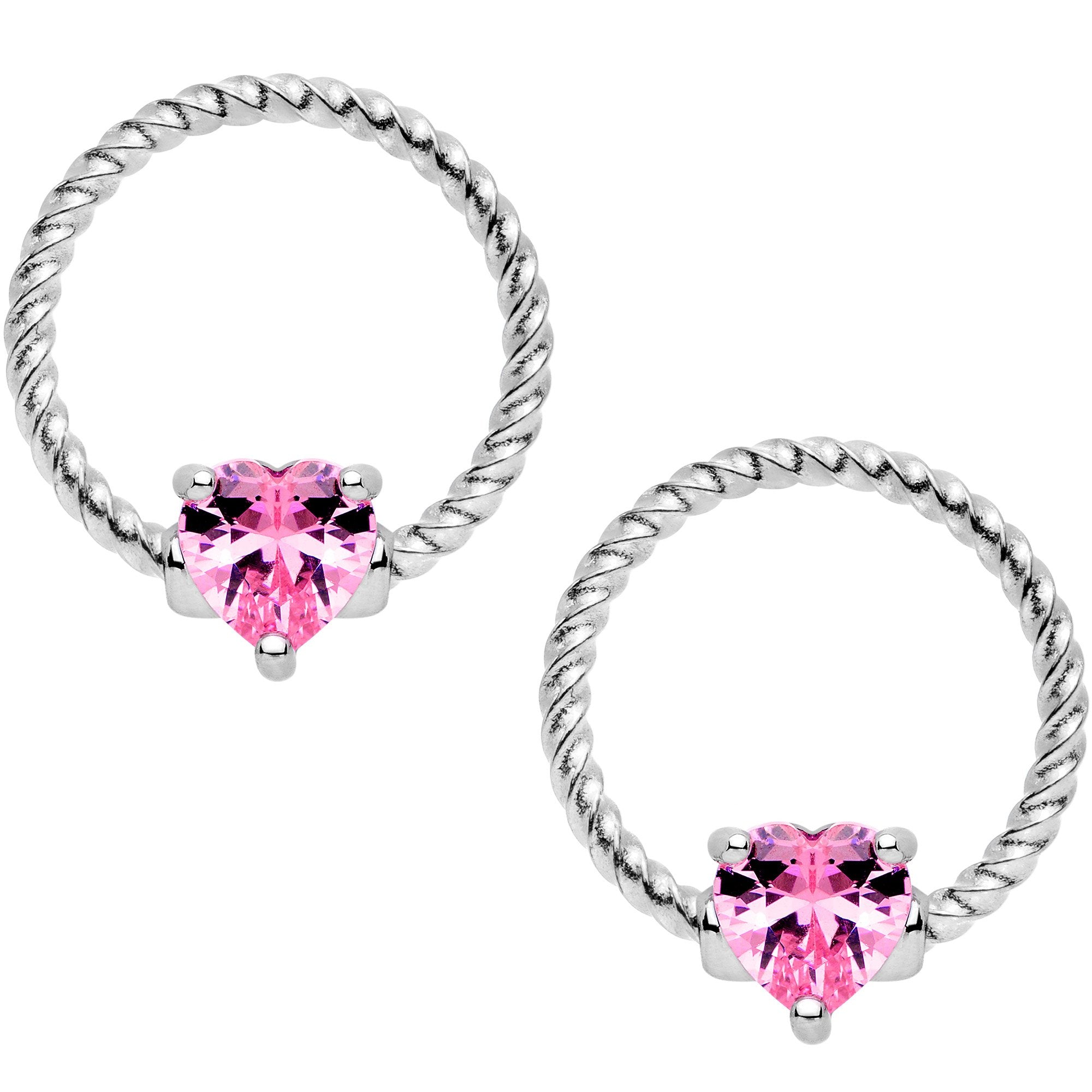 14 Gauge Pink CZ Gem Heart Twisted BCR Ring Barbell Nipple Ring Set