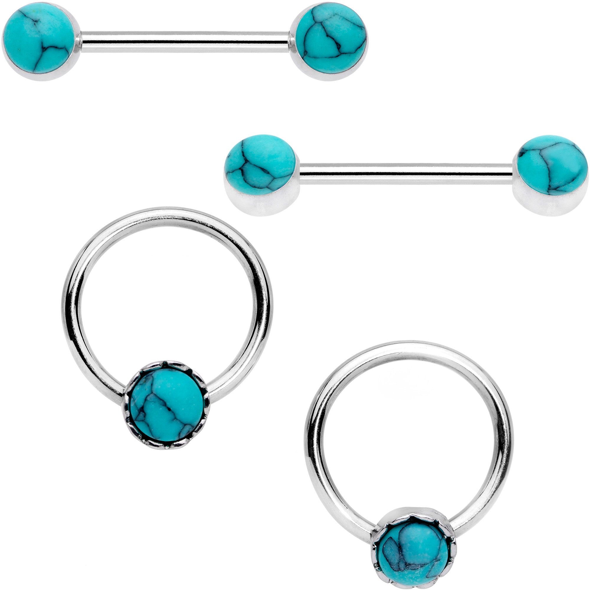14 Gauge Faux Turquoise Southwest Captive Ring Barbell Nipple Ring Set
